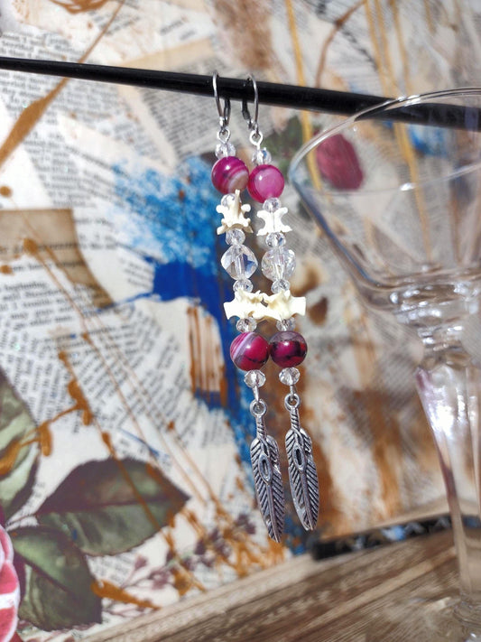 Native Southwest inspired earrings. Bright Pink Agate gemstone, Diamond Back Vertebrae, long dangle feather accent earrings. Hypoallergenic.