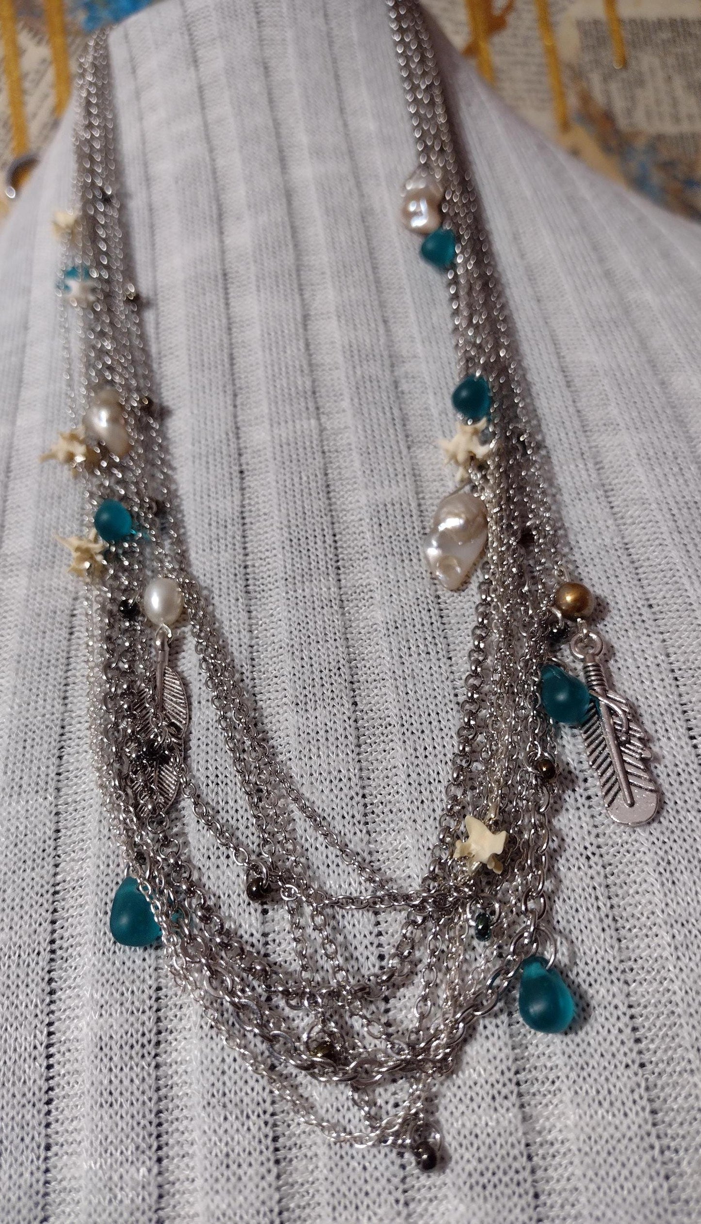 Native Southwest Stainless Steele Chain Necklace. Rattlesnake vertebrae, pearls, glass, and feathers. New Mexico Crafted. 1of1 Unique.