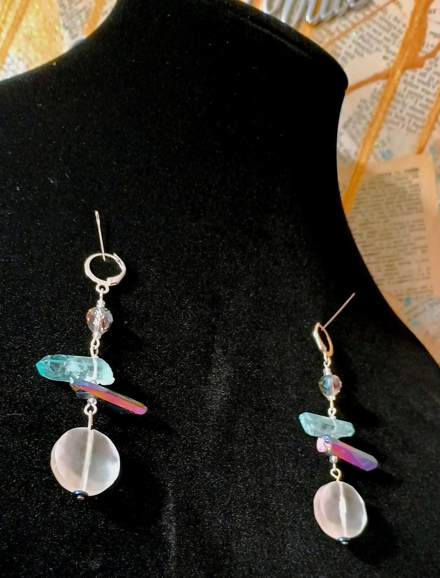 Frosted Glass blue crystal hanging earrings. Hypoallergenic Stainless Steel.