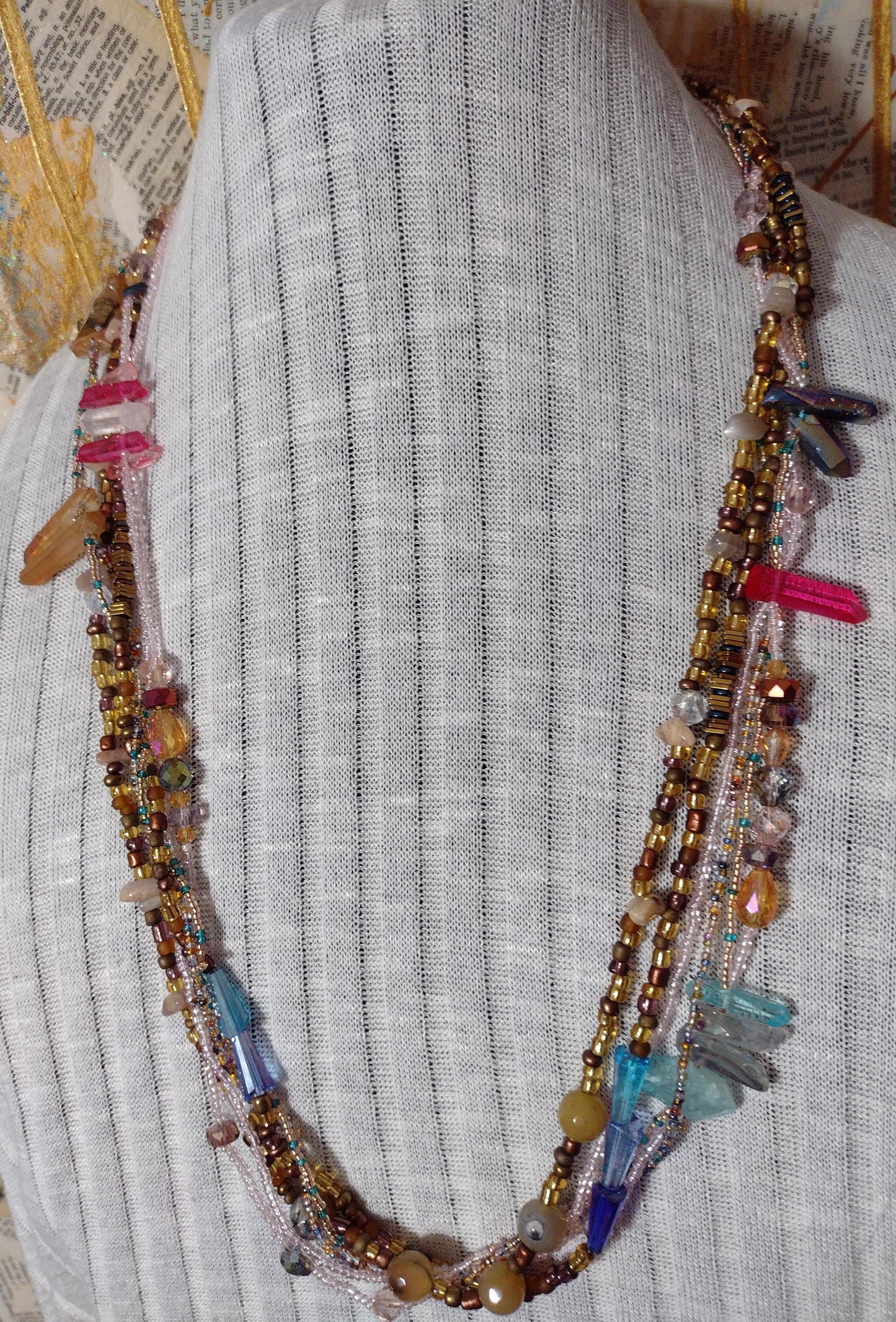 Southwest Inspired Long Beaded Necklace. Unique one-of-a-kind. A Desert Sun Rise Made of Natural Elements in Glass and Gemstones. Sterling.