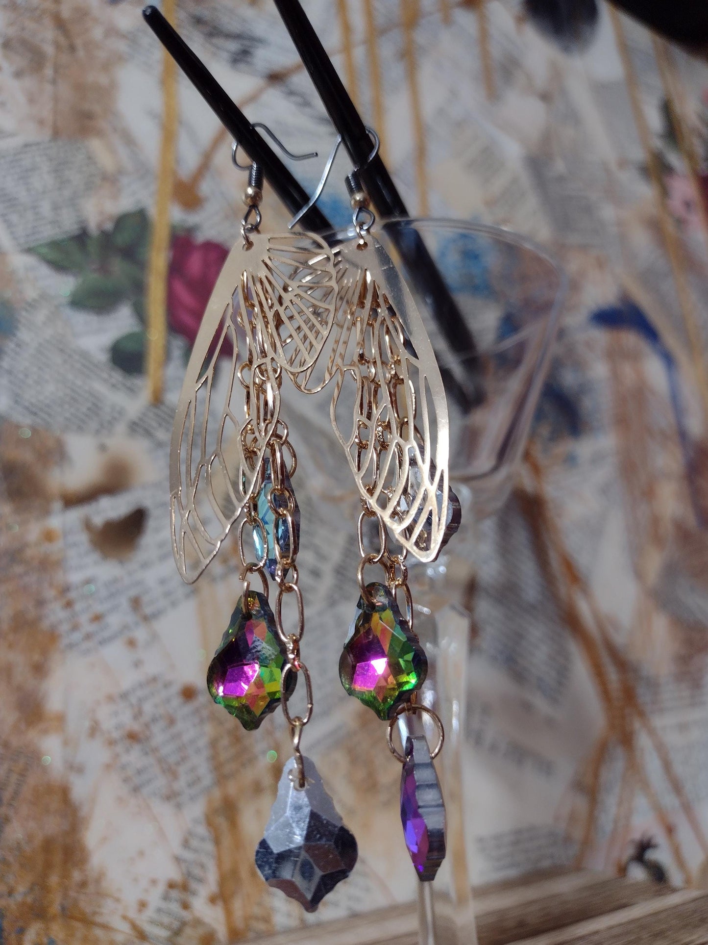 Gold Filigree Butterfly Wing Earrings with Blue Iridescent Glass Drops