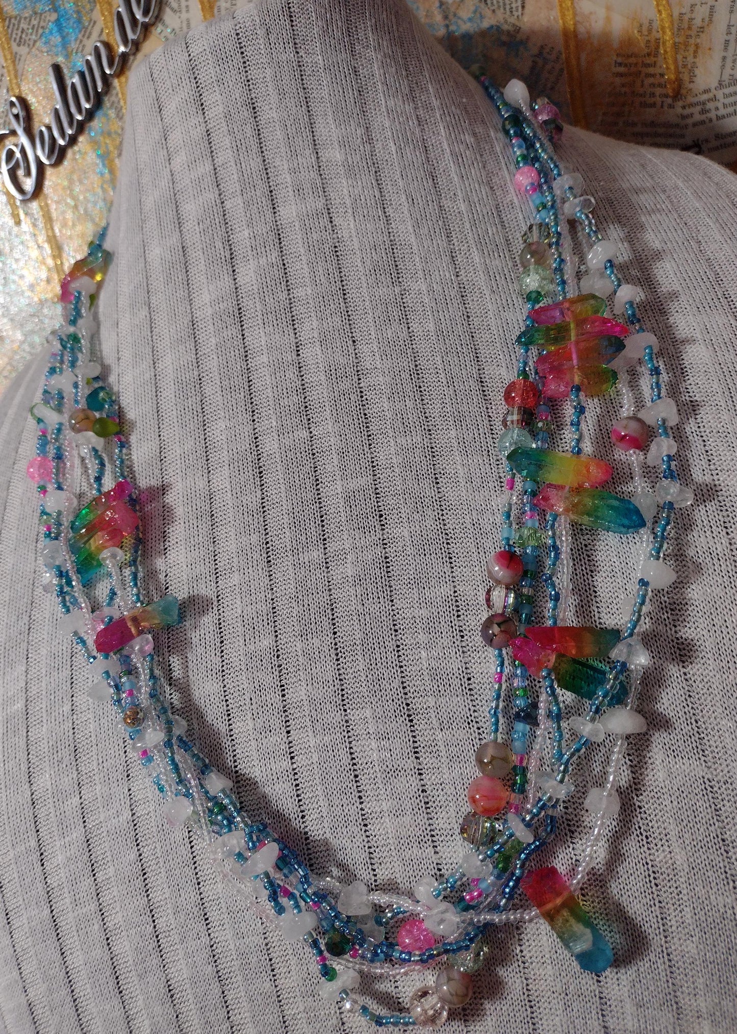 Southwest Inspired Colorful Long Necklace. Rainbow Reflections Natural Elements. Glass Beads, Gemstones, & Crystals. Hand Strung, Sterling.