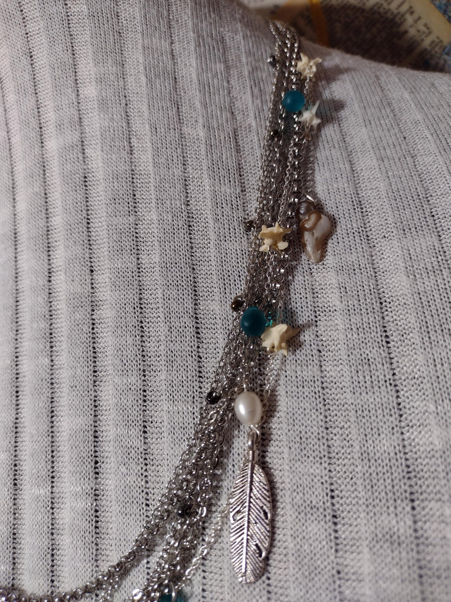 Native Southwest Stainless Steele Chain Necklace. Rattlesnake vertebrae, pearls, glass, and feathers. New Mexico Crafted. 1of1 Unique.