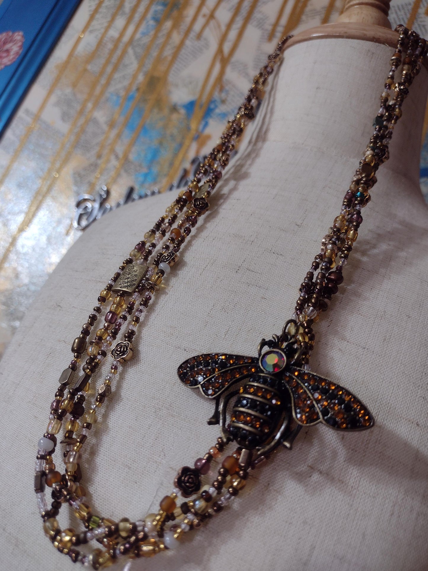 Bumblebee, Rose , Nature , Statment Necklace. Beaded.
