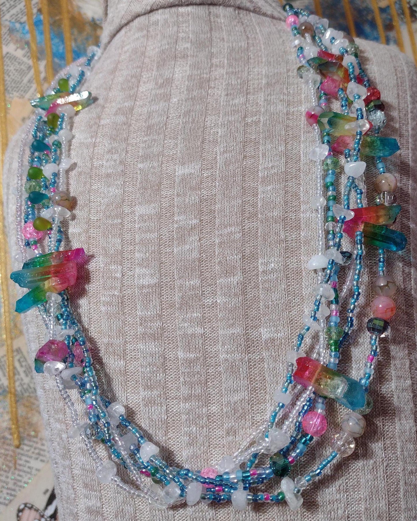 Southwest Inspired Colorful Long Necklace. Rainbow Reflections Natural Elements. Glass Beads, Gemstones, & Crystals. Hand Strung, Sterling.