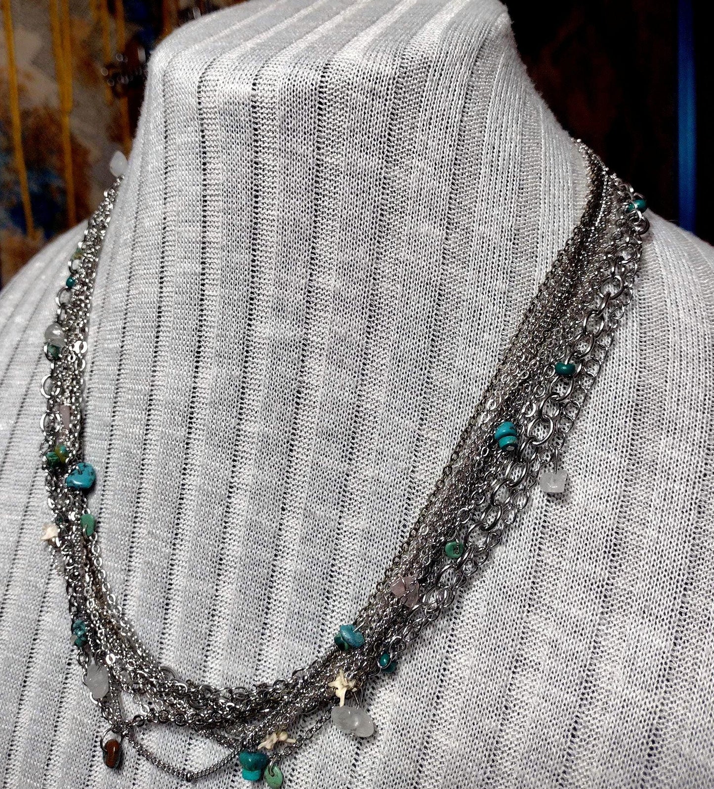 Native Southwest Stainless Steele Multi Chain Necklace. Diamond Back Rattlesnake Vertebrae, Turquoise & Stone. New Mexican Crafted. Unique.