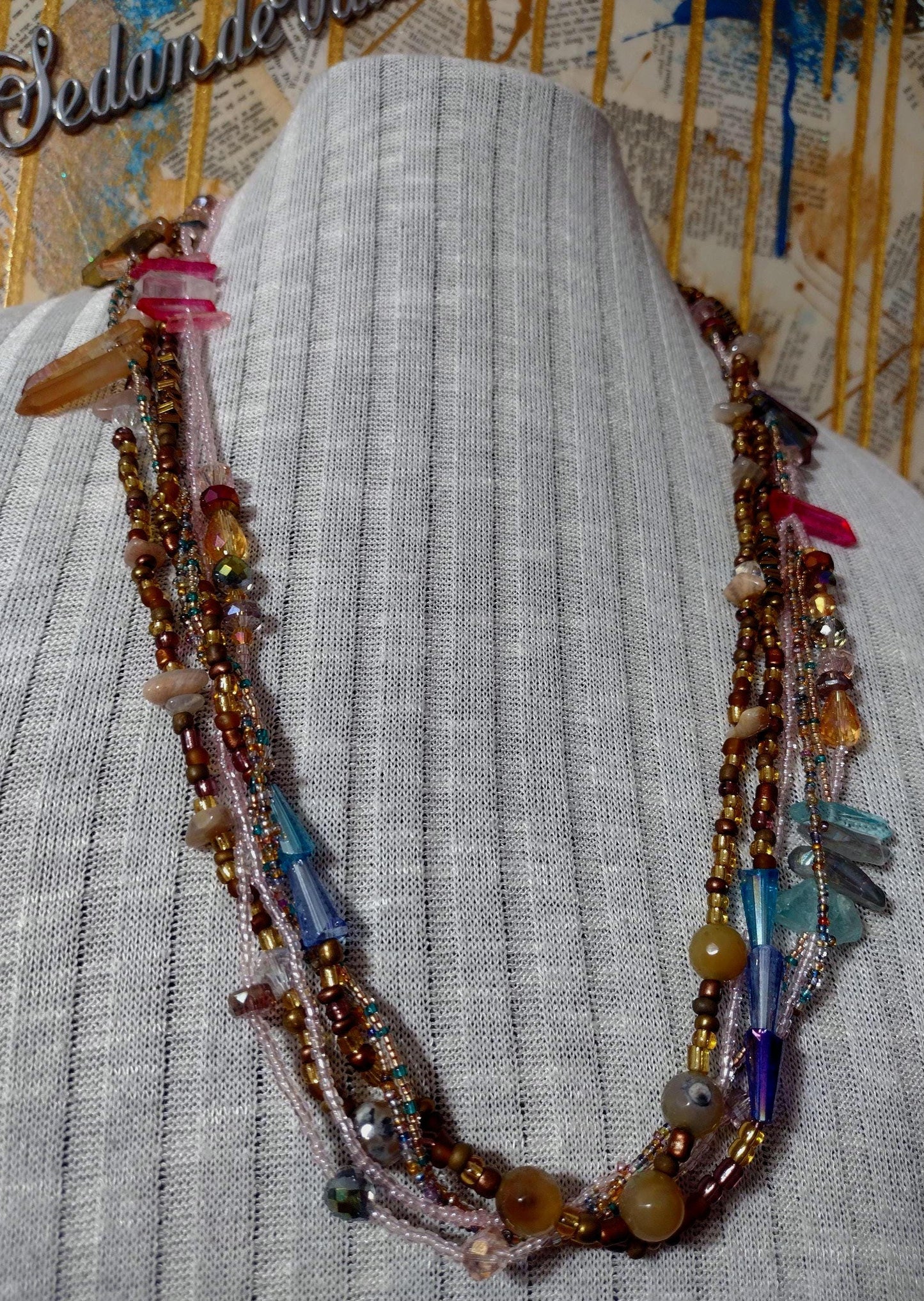 Southwest Inspired Long Beaded Necklace. Unique one-of-a-kind. A Desert Sun Rise Made of Natural Elements in Glass and Gemstones. Sterling.
