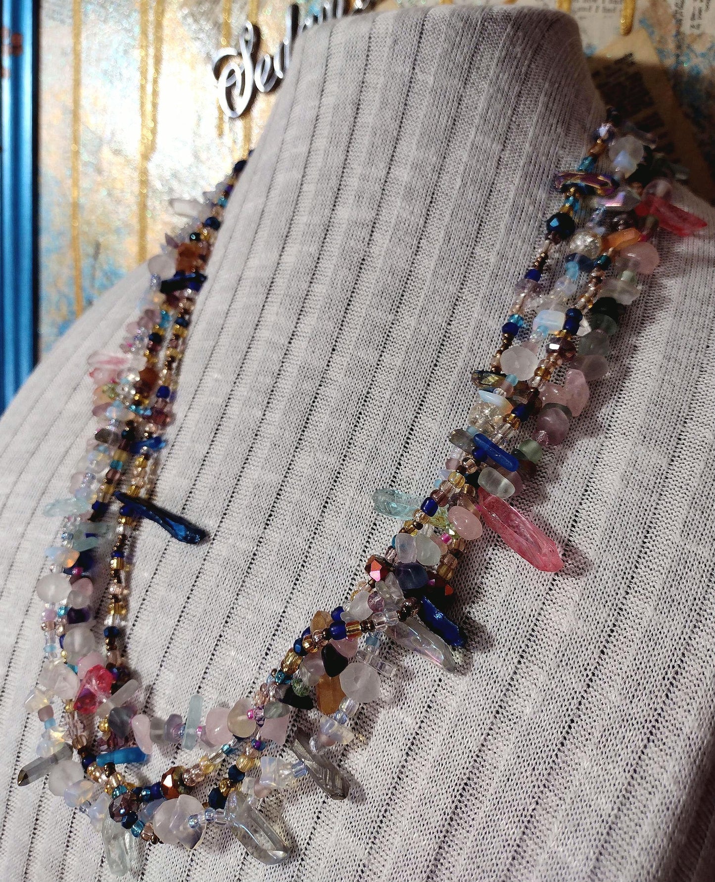 Southwest Inspired Long Beaded Necklace. A Refection of the Desert Summer in Natural Elements of Glass and Gemstones. Hand Strung Sterling.