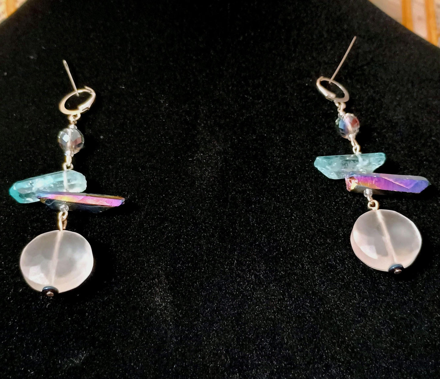 Frosted Glass blue crystal hanging earrings. Hypoallergenic Stainless Steel.