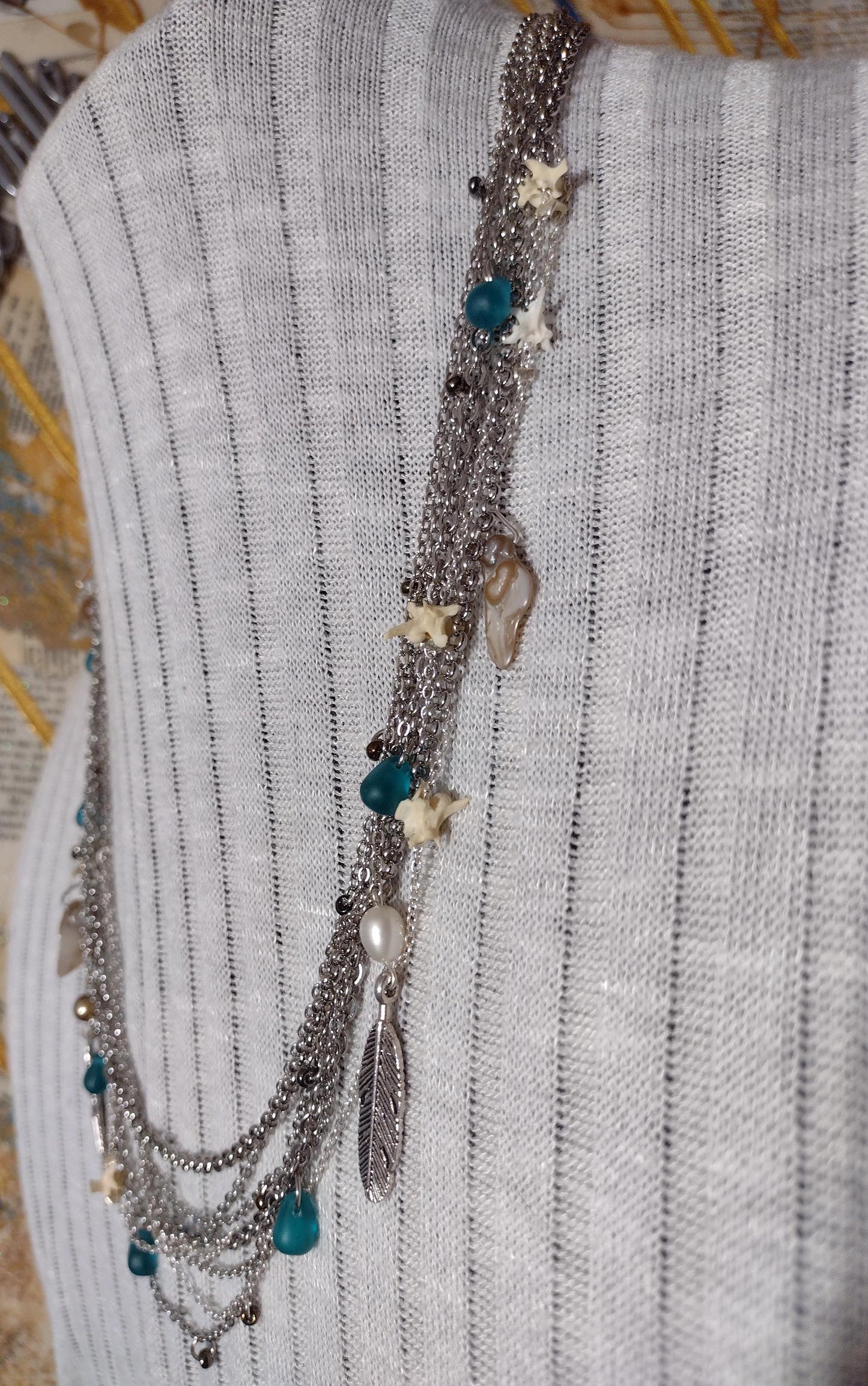 Native Southwest Stainless Steele Chain Necklace. Rattlesnake vertebrae, pearls, glass, and feathers. New Mexico Crafted. 1of1 Unique.