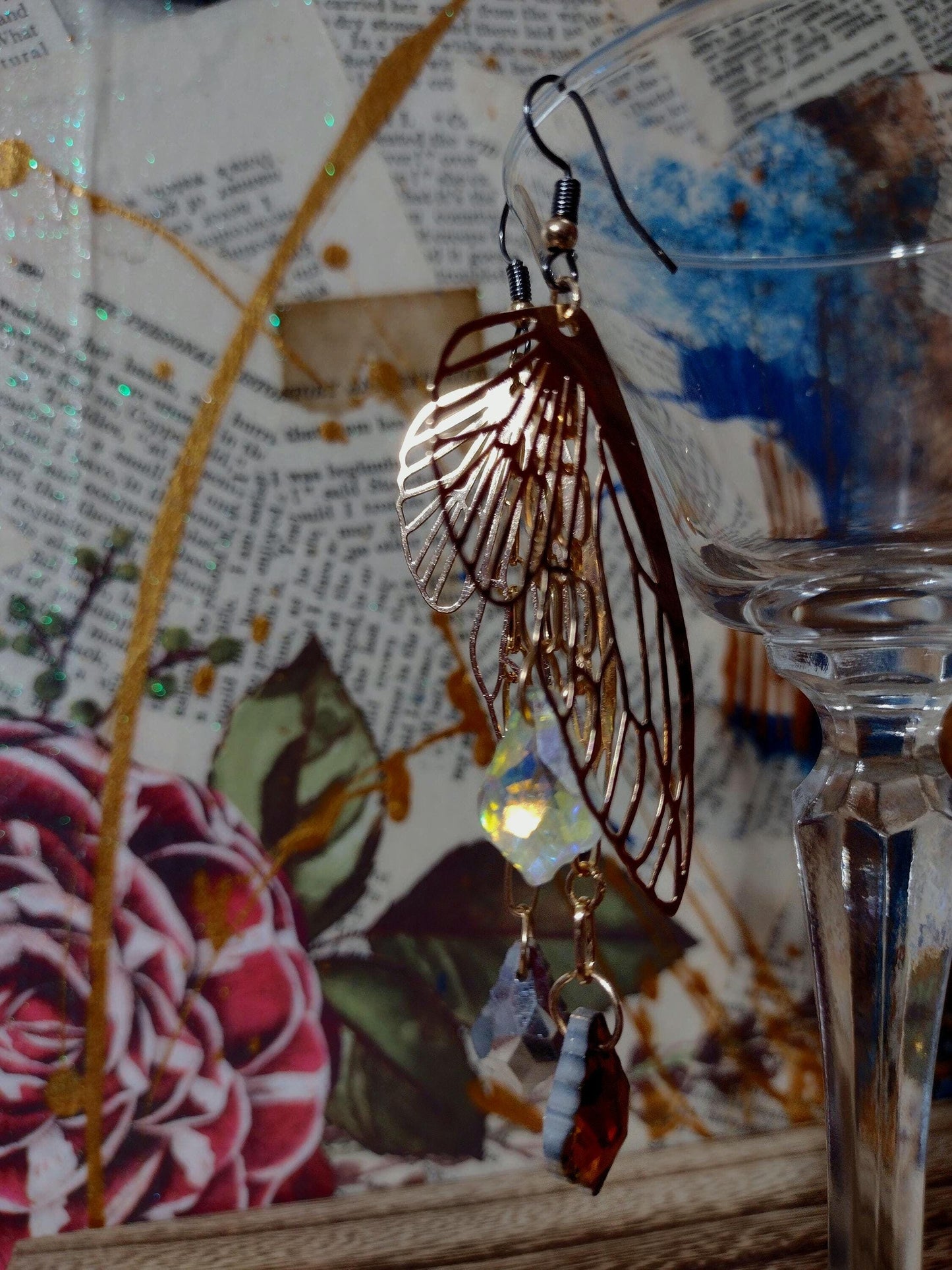 Filigree Butterfly Wing Bright Dangle Crystal Earrings.