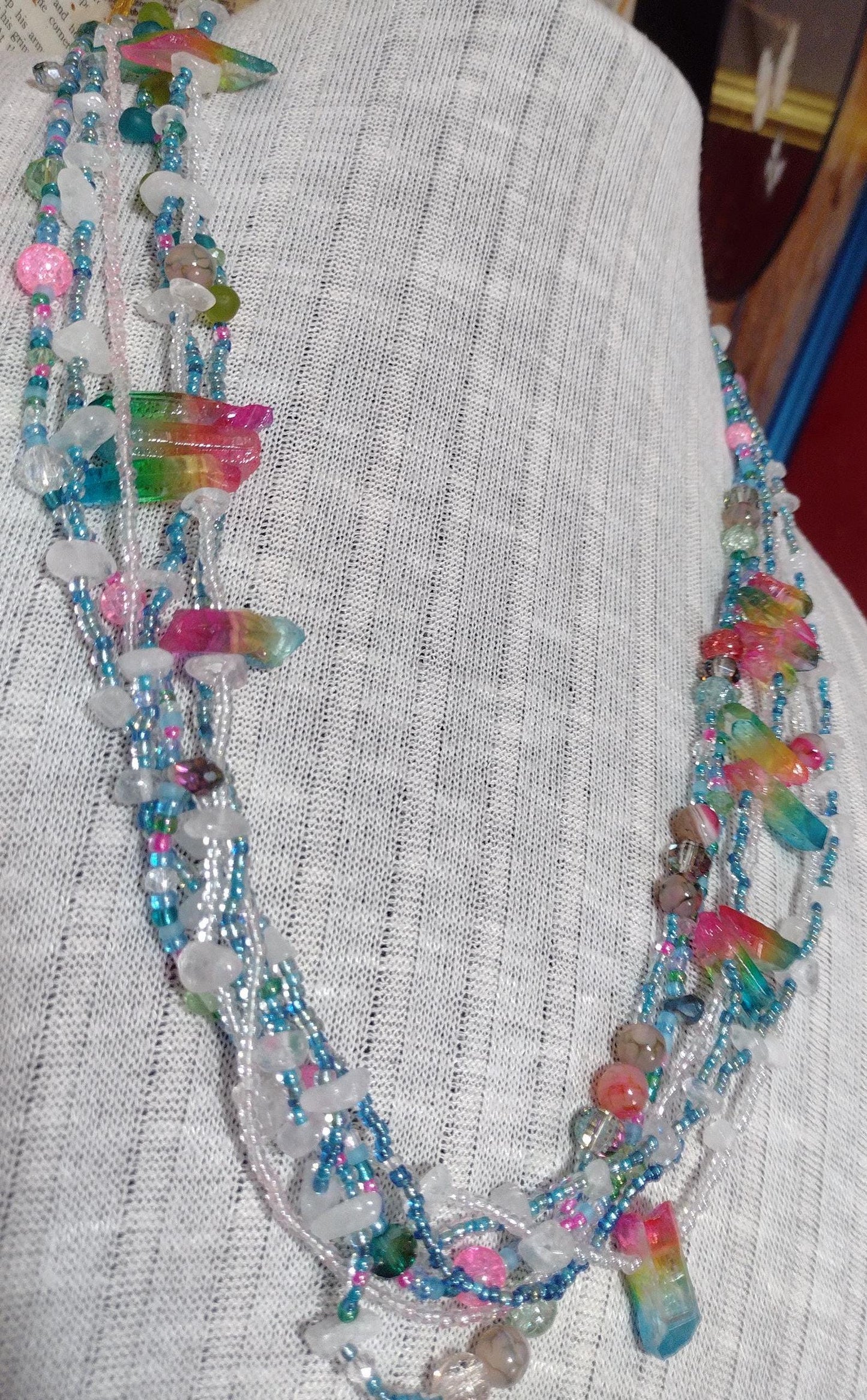 Southwest Inspired Colorful Long Necklace. Rainbow Reflections Natural Elements. Glass Beads, Gemstones, & Crystals. Hand Strung, Sterling.