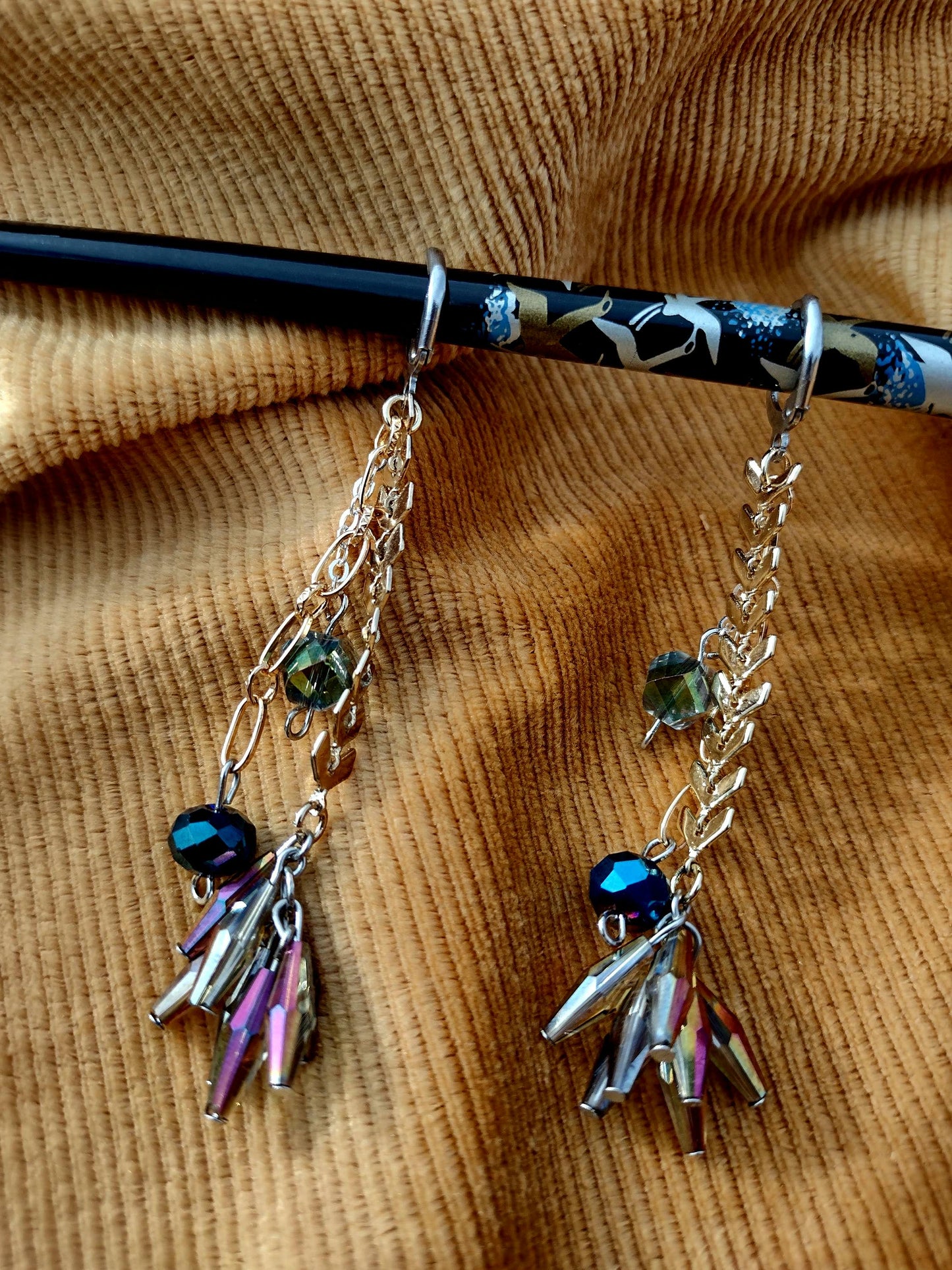 Art Deco, Roaring 20s, Flapper Style Long Dangle Earings. Blue and Gold Starburst. Hypoallergenic