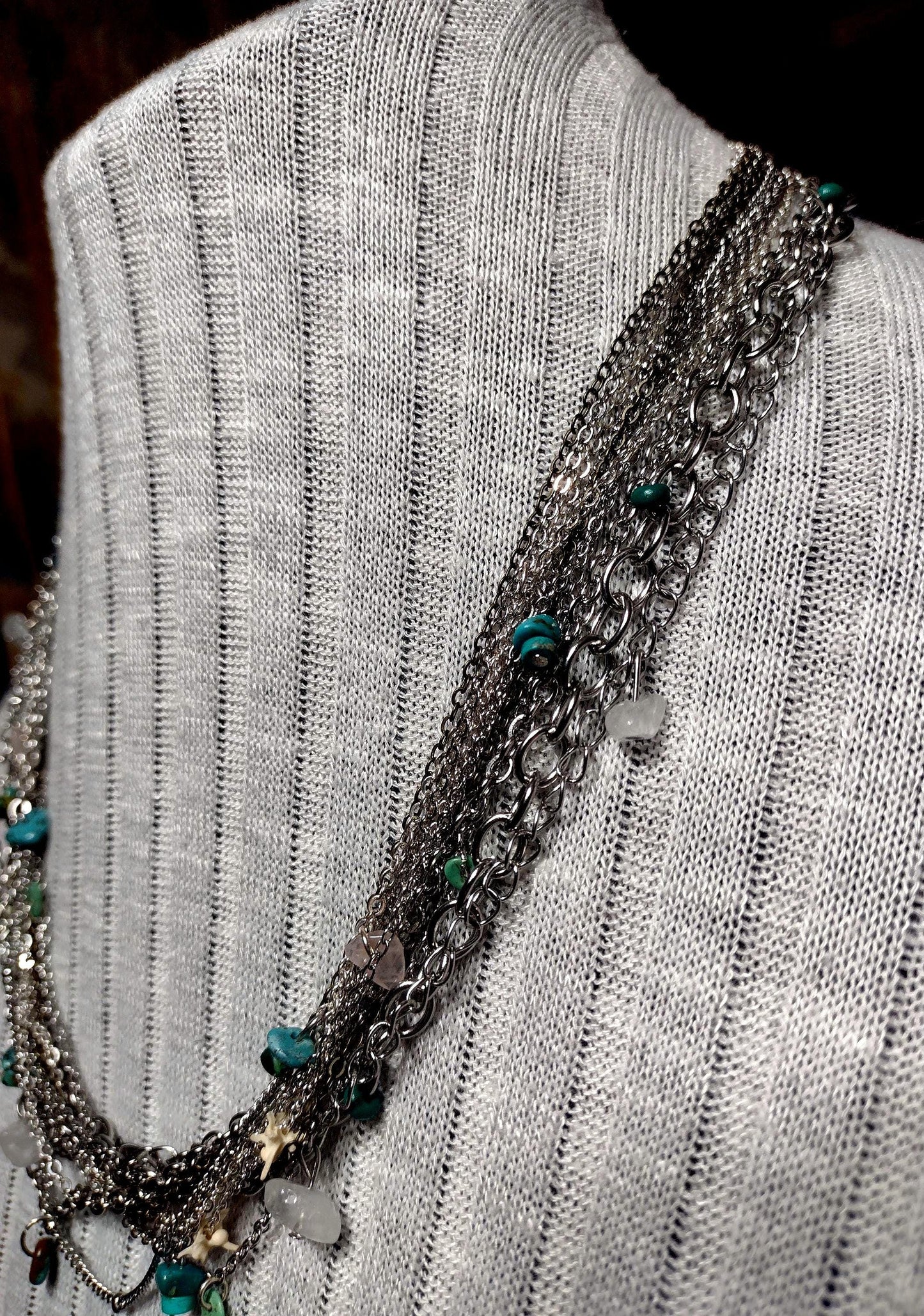 Native Southwest Stainless Steele Multi Chain Necklace. Diamond Back Rattlesnake Vertebrae, Turquoise & Stone. New Mexican Crafted. Unique.