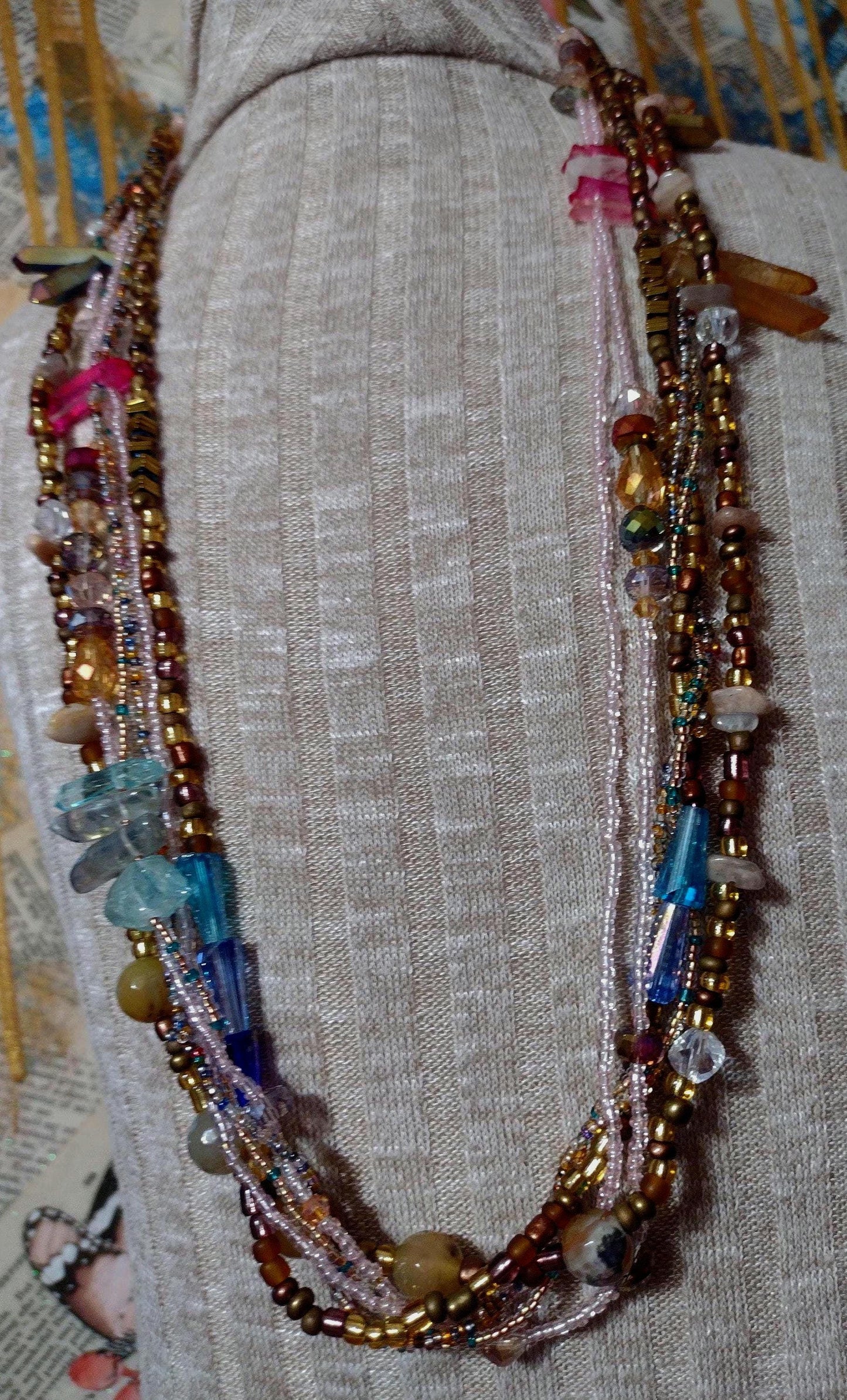Southwest Inspired Long Beaded Necklace. Unique one-of-a-kind. A Desert Sun Rise Made of Natural Elements in Glass and Gemstones. Sterling.