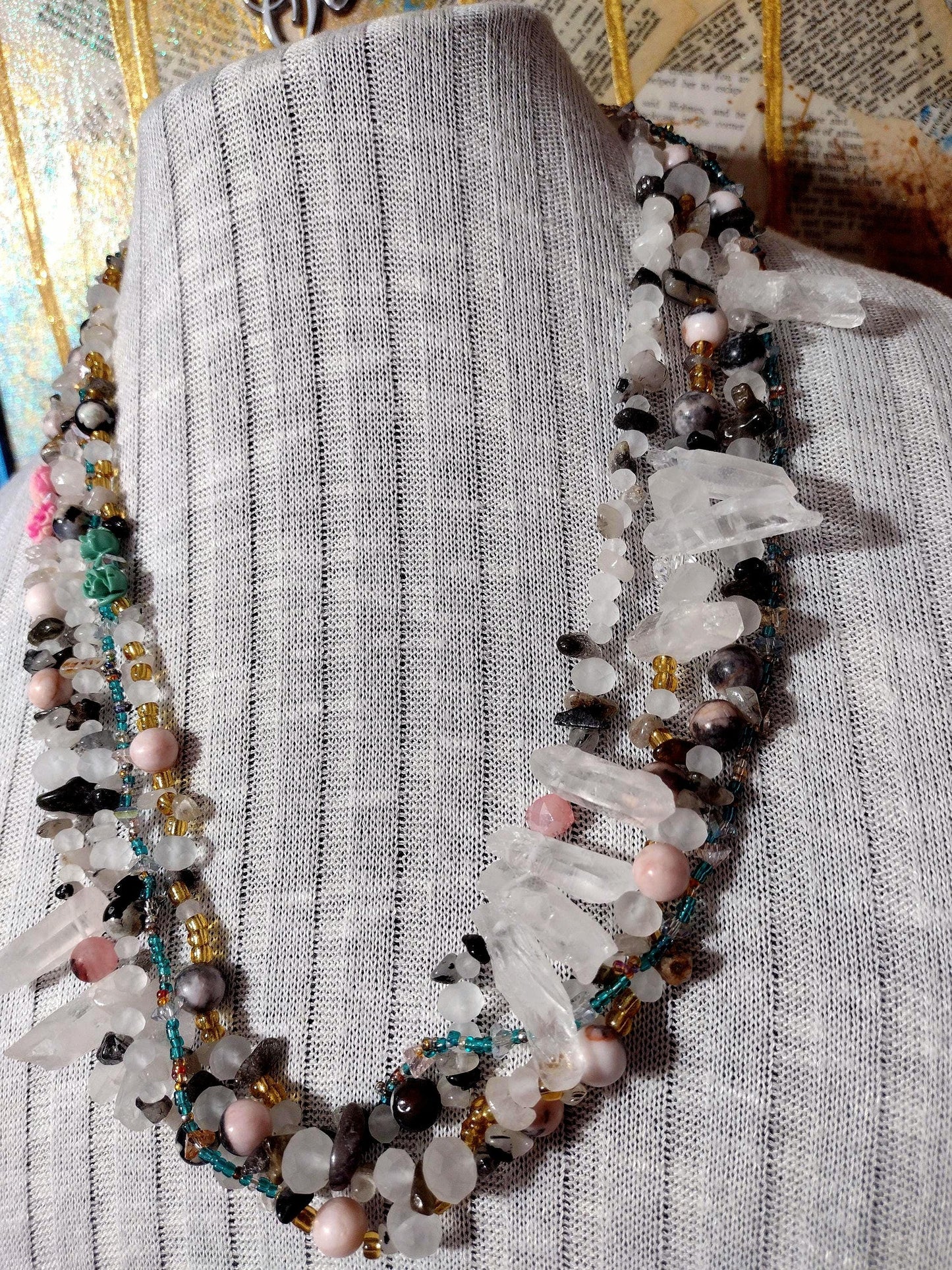 Southwest Inspired Long Beaded Necklace. Unique New Mexican Crafted Snowy Desert Vista in Natural Elements of Glass and Gemstones. Sterling.