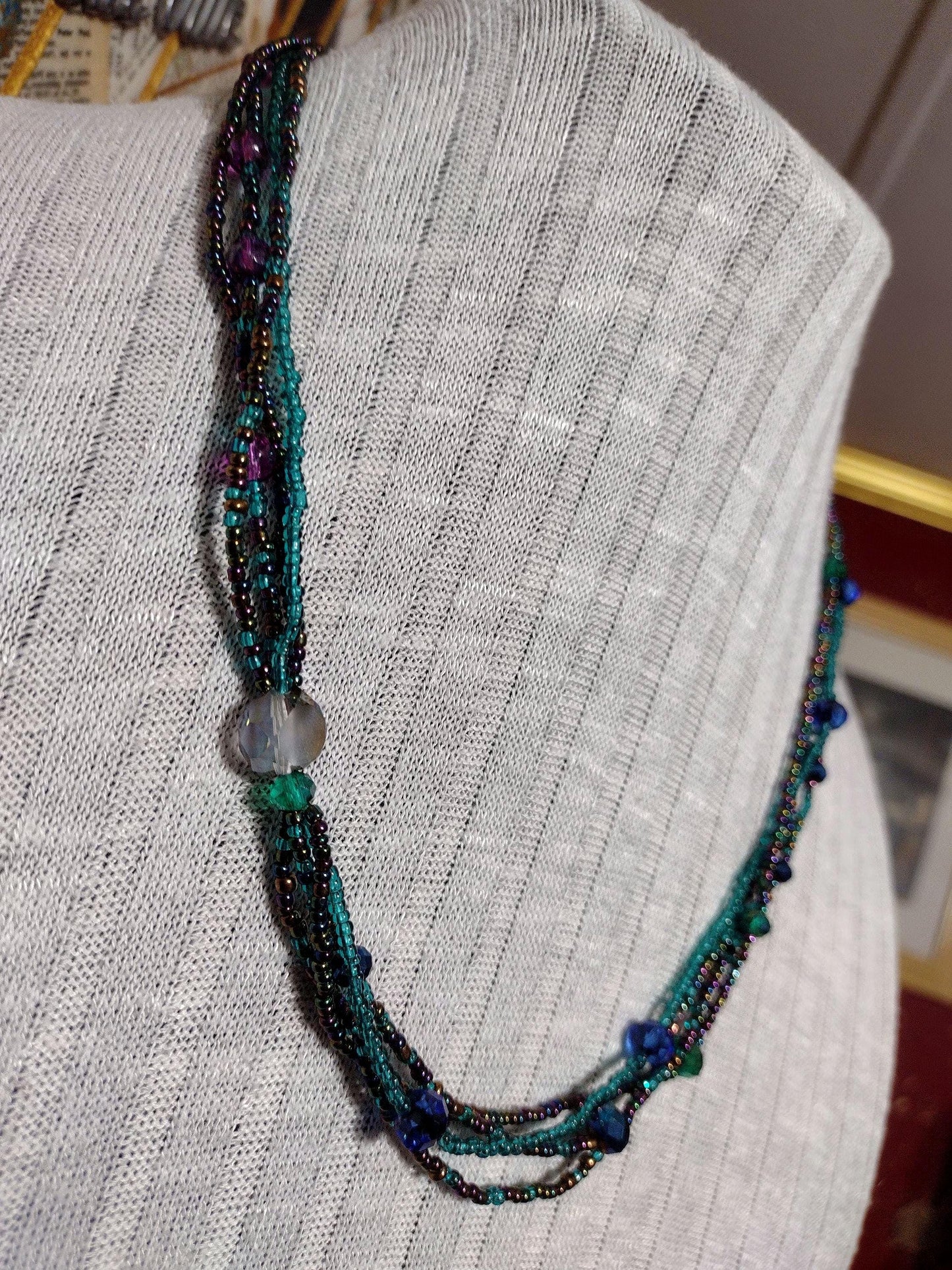 Retro Layered Peacock Rainbow Seed Bead Necklace.