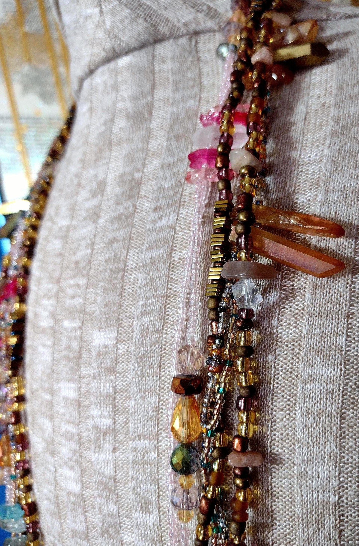 Southwest Inspired Long Beaded Necklace. Unique one-of-a-kind. A Desert Sun Rise Made of Natural Elements in Glass and Gemstones. Sterling.