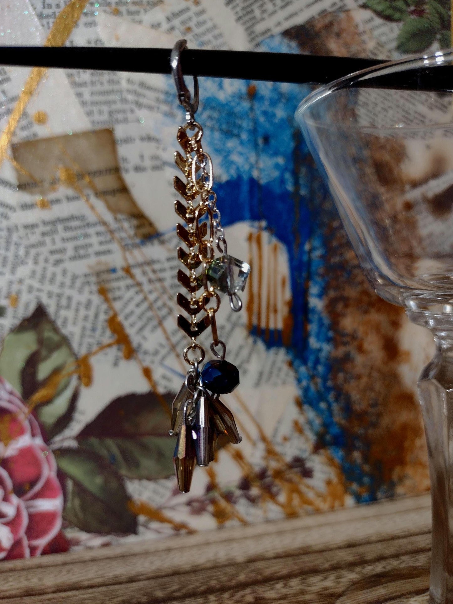Art Deco, Roaring 20s, Flapper Style Long Dangle Earings. Blue and Gold Starburst. Hypoallergenic