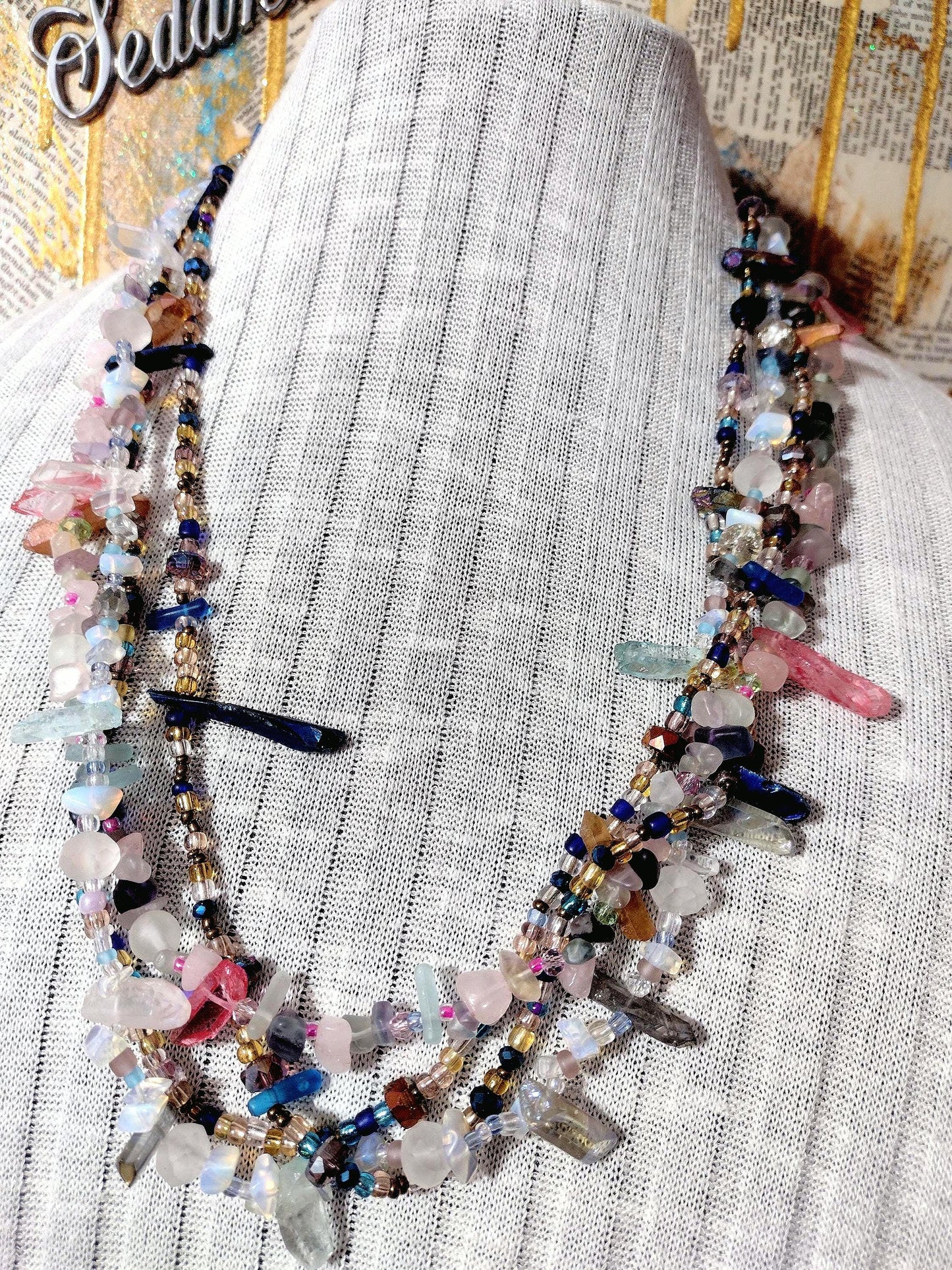 Southwest Inspired Long Beaded Necklace. A Refection of the Desert Summer in Natural Elements of Glass and Gemstones. Hand Strung Sterling.