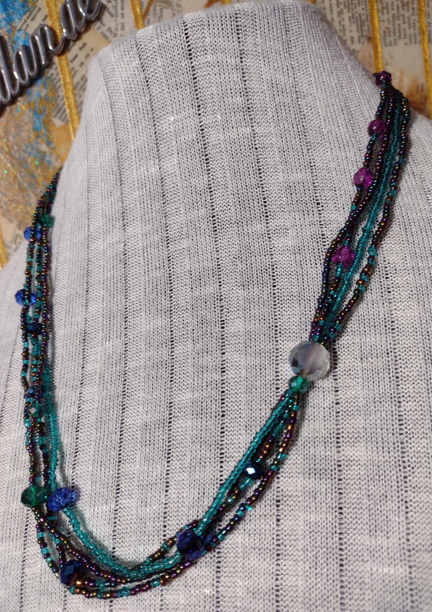 Retro Layered Peacock Rainbow Seed Bead Necklace.