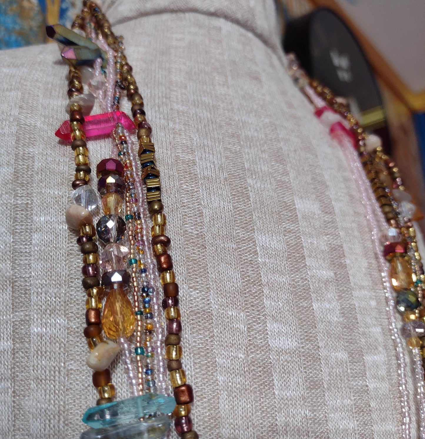 Southwest Inspired Long Beaded Necklace. Unique one-of-a-kind. A Desert Sun Rise Made of Natural Elements in Glass and Gemstones. Sterling.