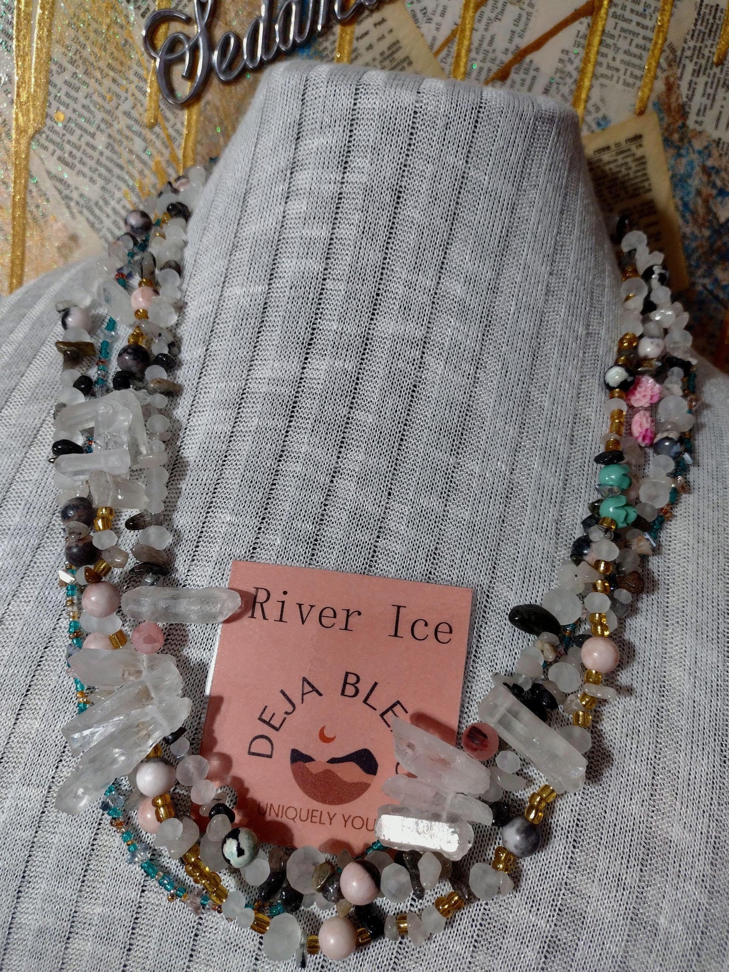 Southwest Inspired Long Beaded Necklace. Unique New Mexican Crafted Snowy Desert Vista in Natural Elements of Glass and Gemstones. Sterling.