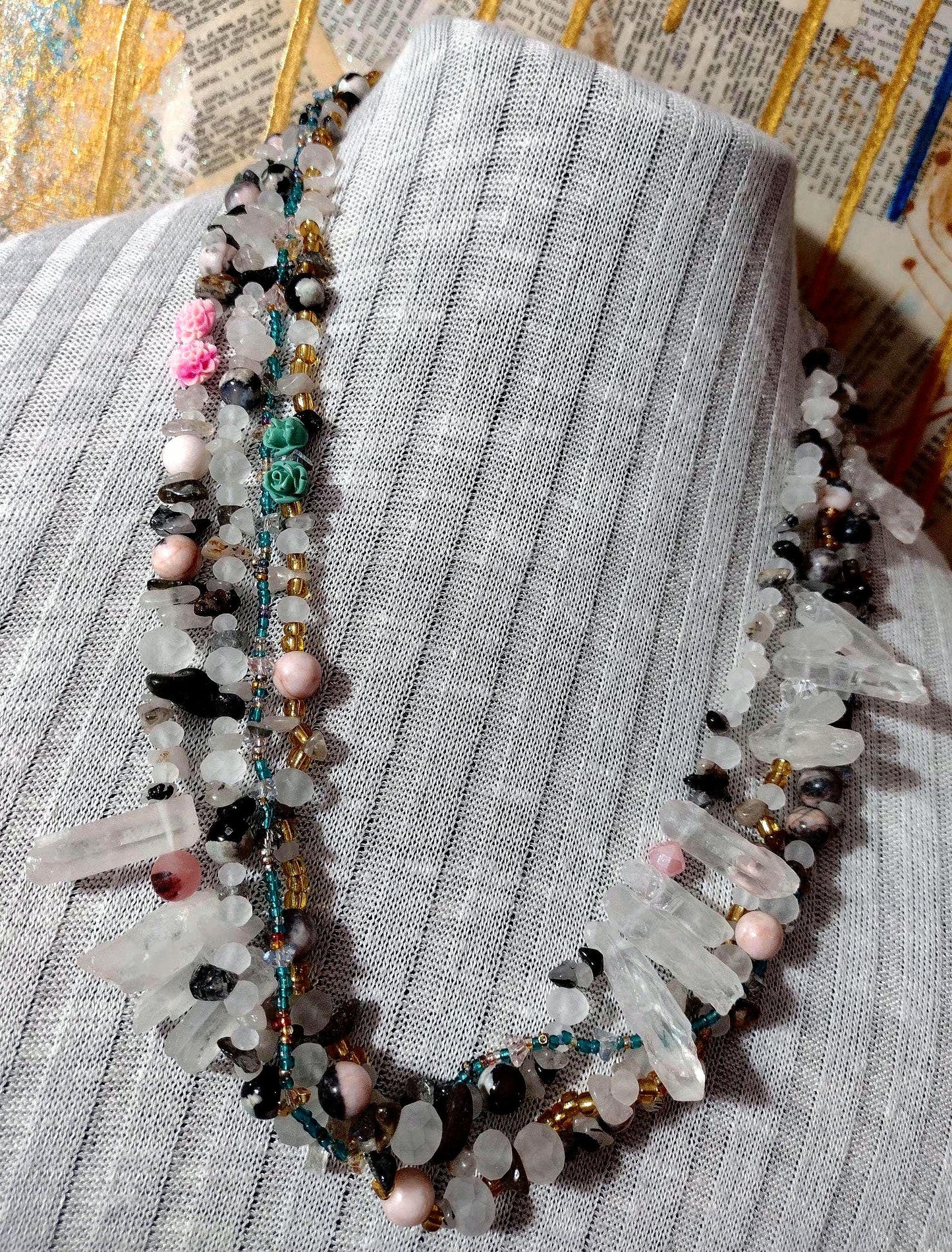 Southwest Inspired Long Beaded Necklace. Unique New Mexican Crafted Snowy Desert Vista in Natural Elements of Glass and Gemstones. Sterling.