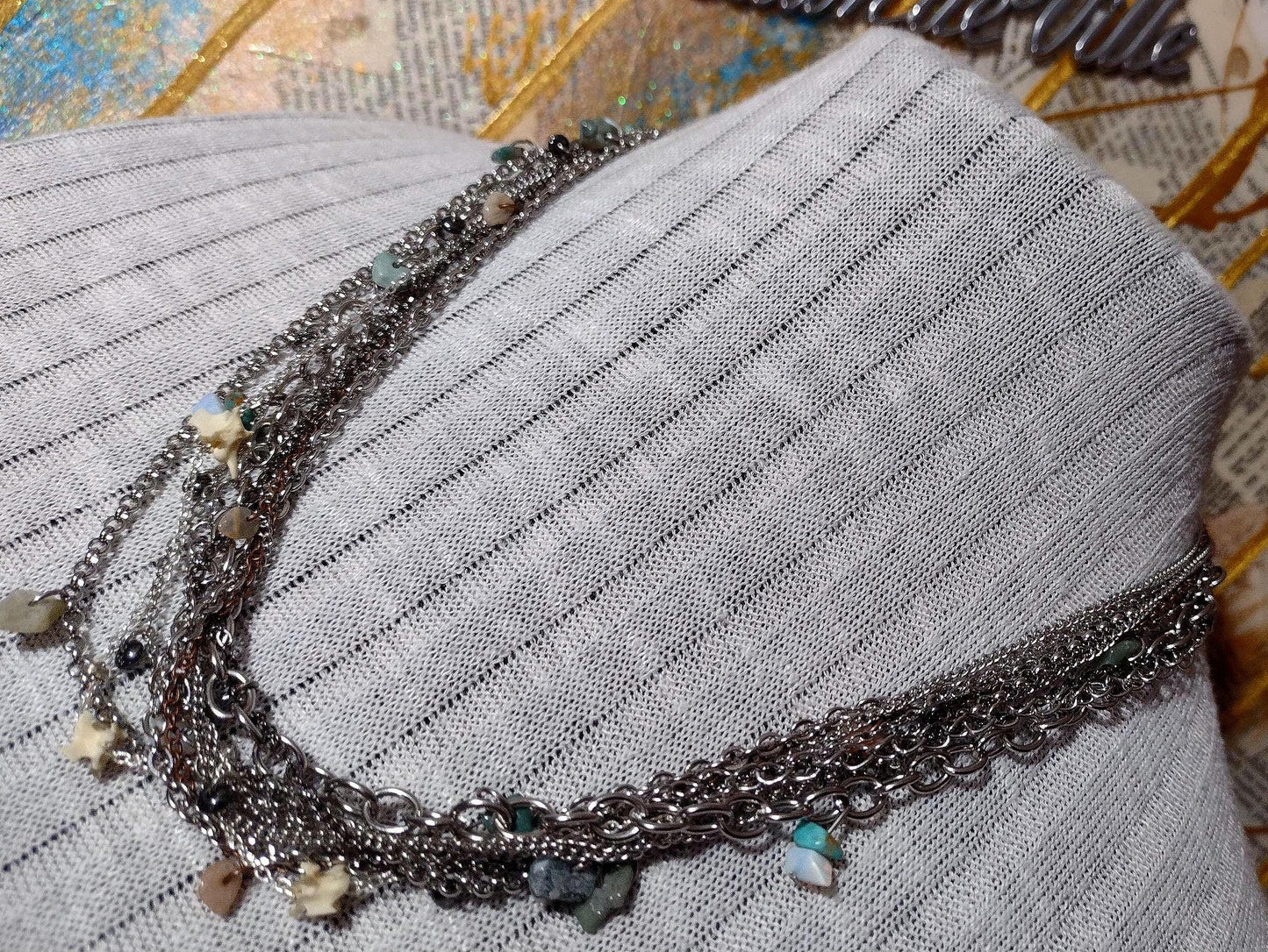 Southwest Rodeo Fashion. Turquoise, Moonstone, Agate, Stainless Steele Multi Chain Adjustable Necklace. Hand Crafted, Guaranteed Unique.