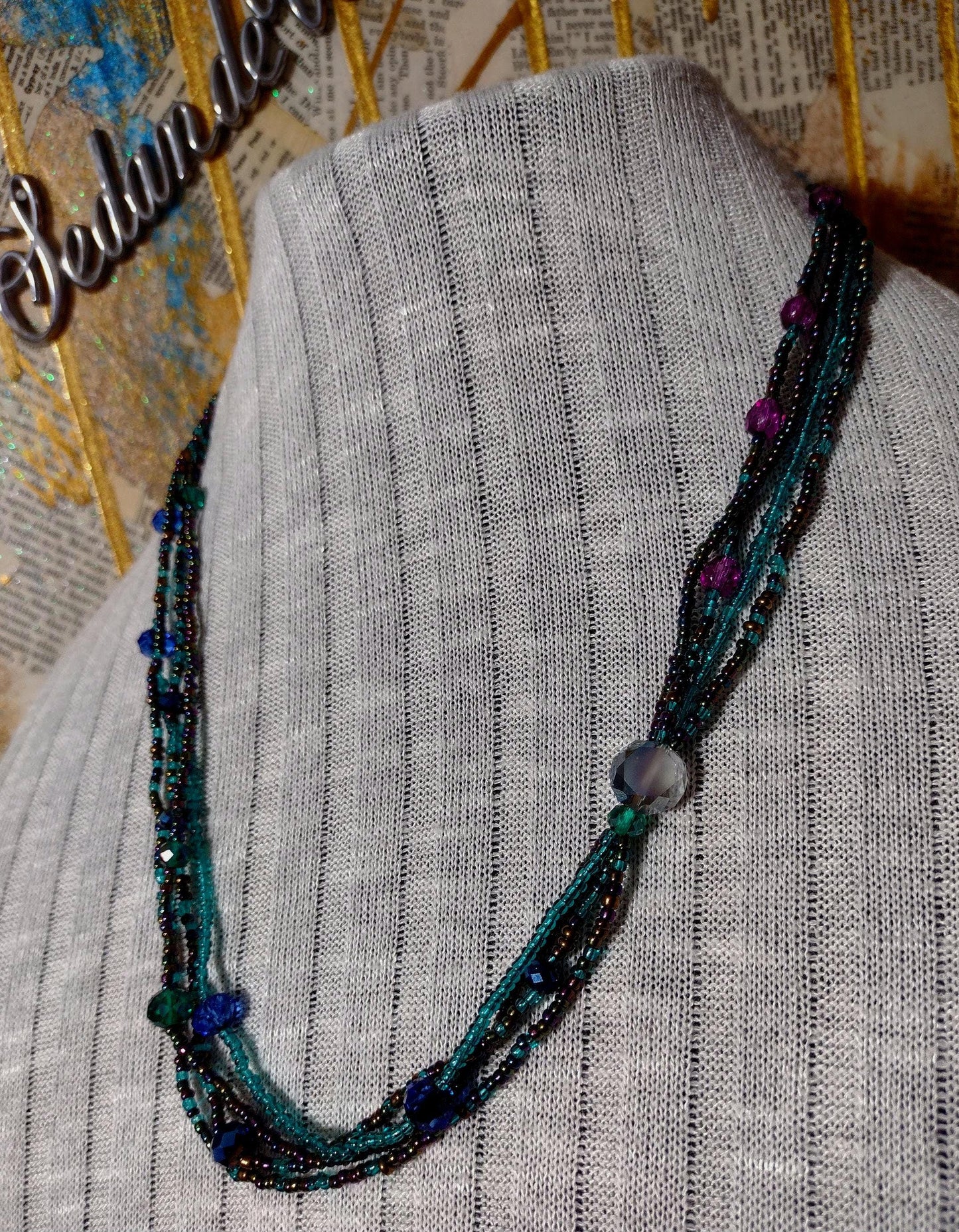 Retro Layered Peacock Rainbow Seed Bead Necklace.