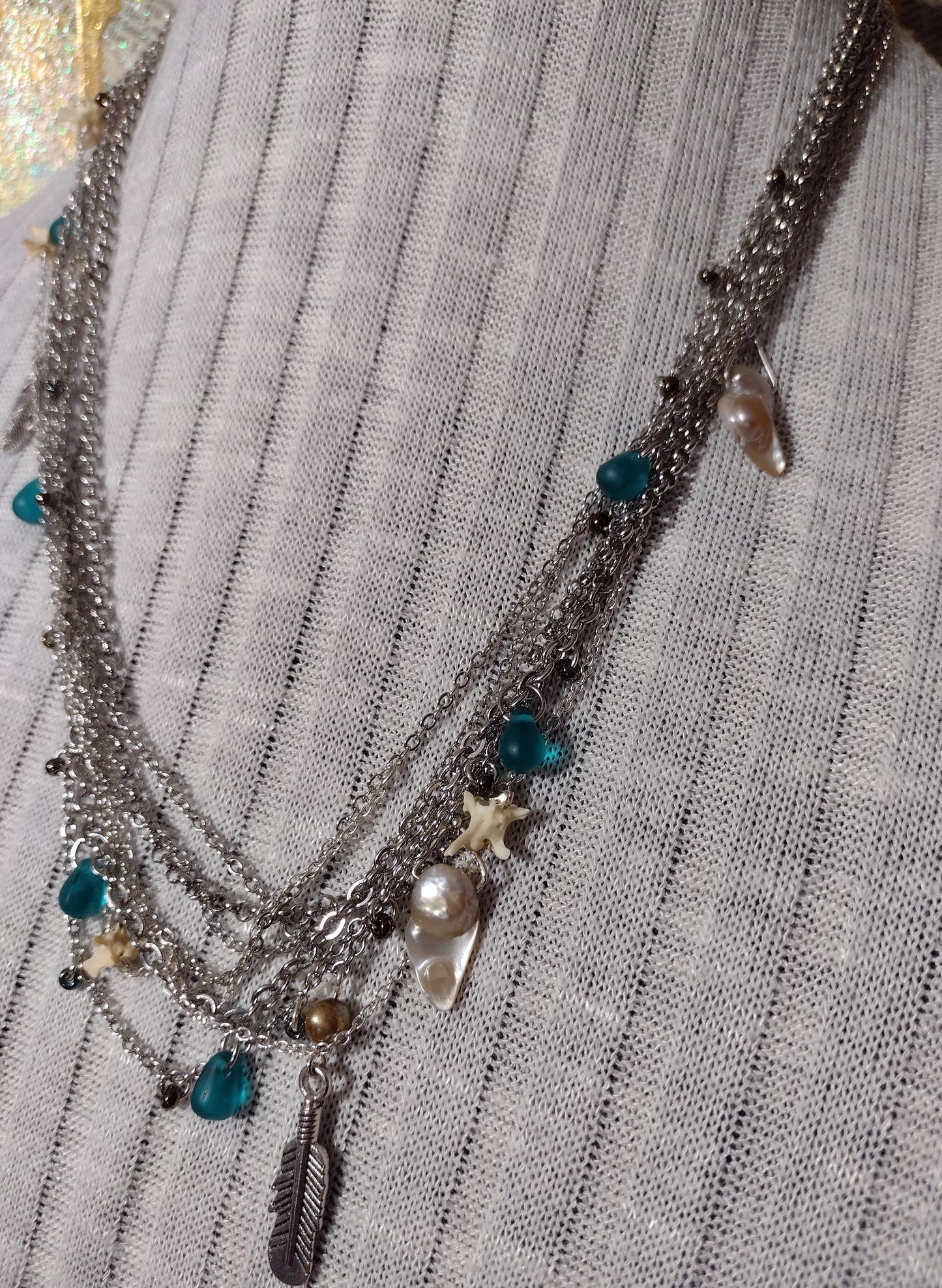 Native Southwest Stainless Steele Chain Necklace. Rattlesnake vertebrae, pearls, glass, and feathers. New Mexico Crafted. 1of1 Unique.