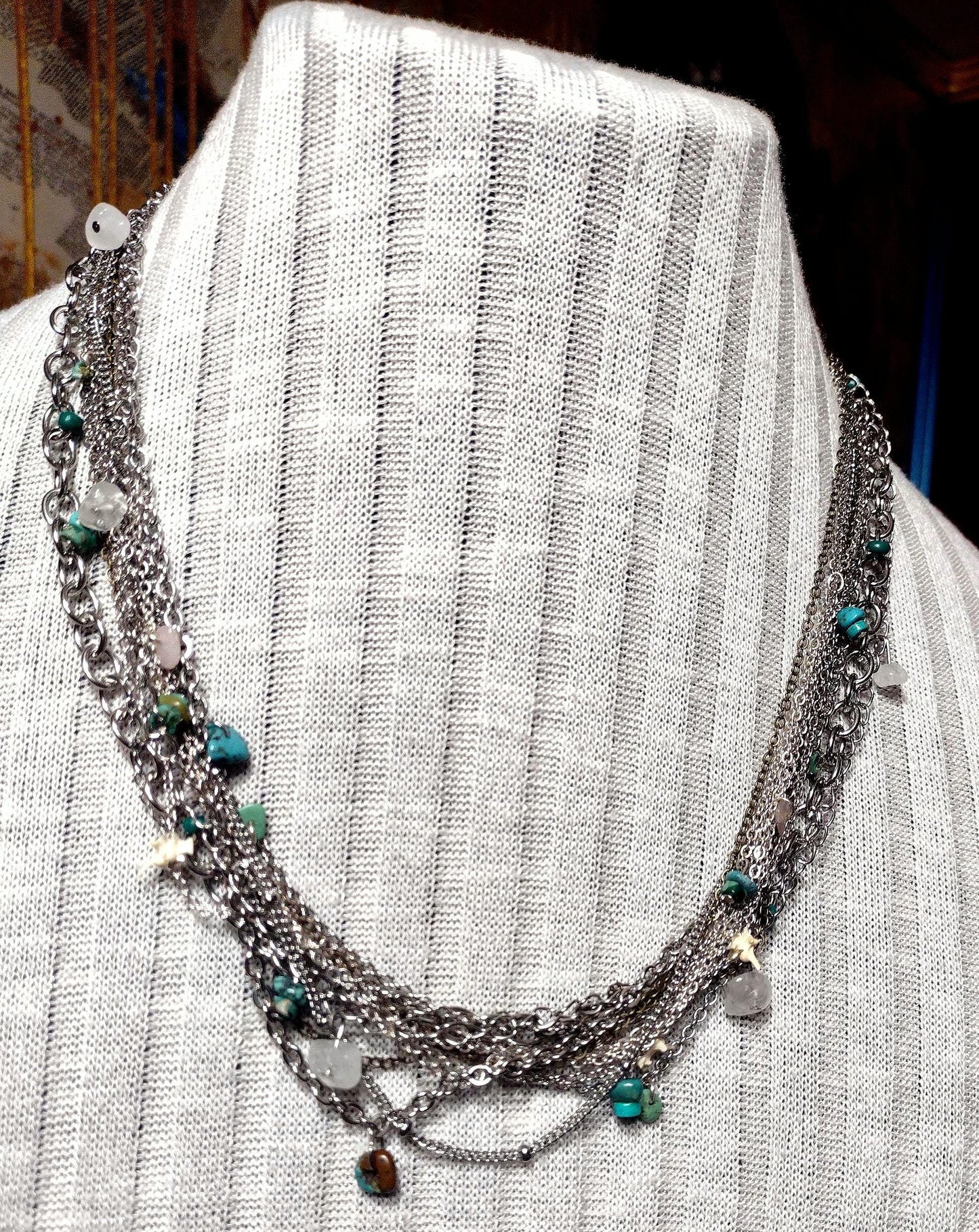 Native Southwest Stainless Steele Multi Chain Necklace. Diamond Back Rattlesnake Vertebrae, Turquoise & Stone. New Mexican Crafted. Unique.