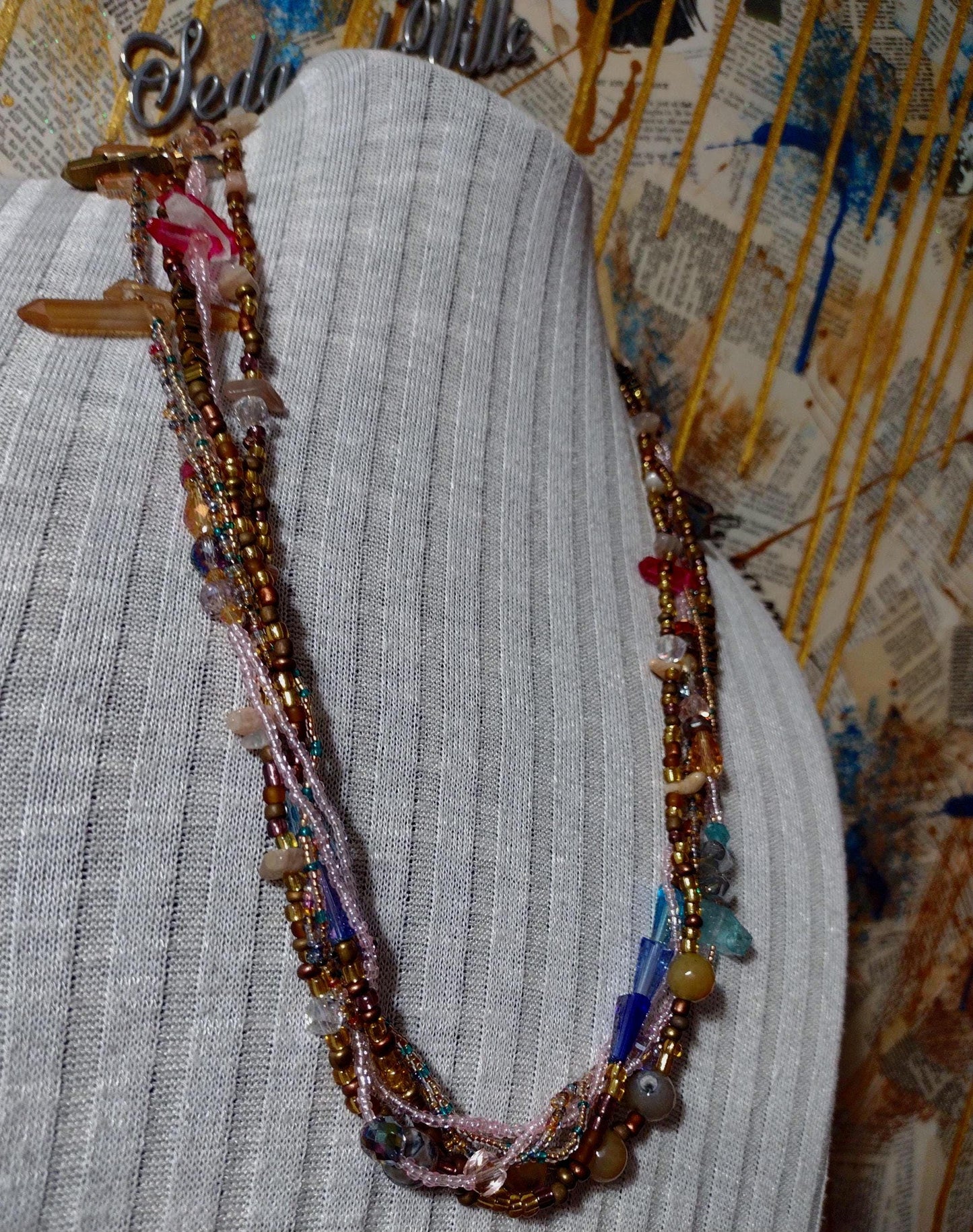 Southwest Inspired Long Beaded Necklace. Unique one-of-a-kind. A Desert Sun Rise Made of Natural Elements in Glass and Gemstones. Sterling.