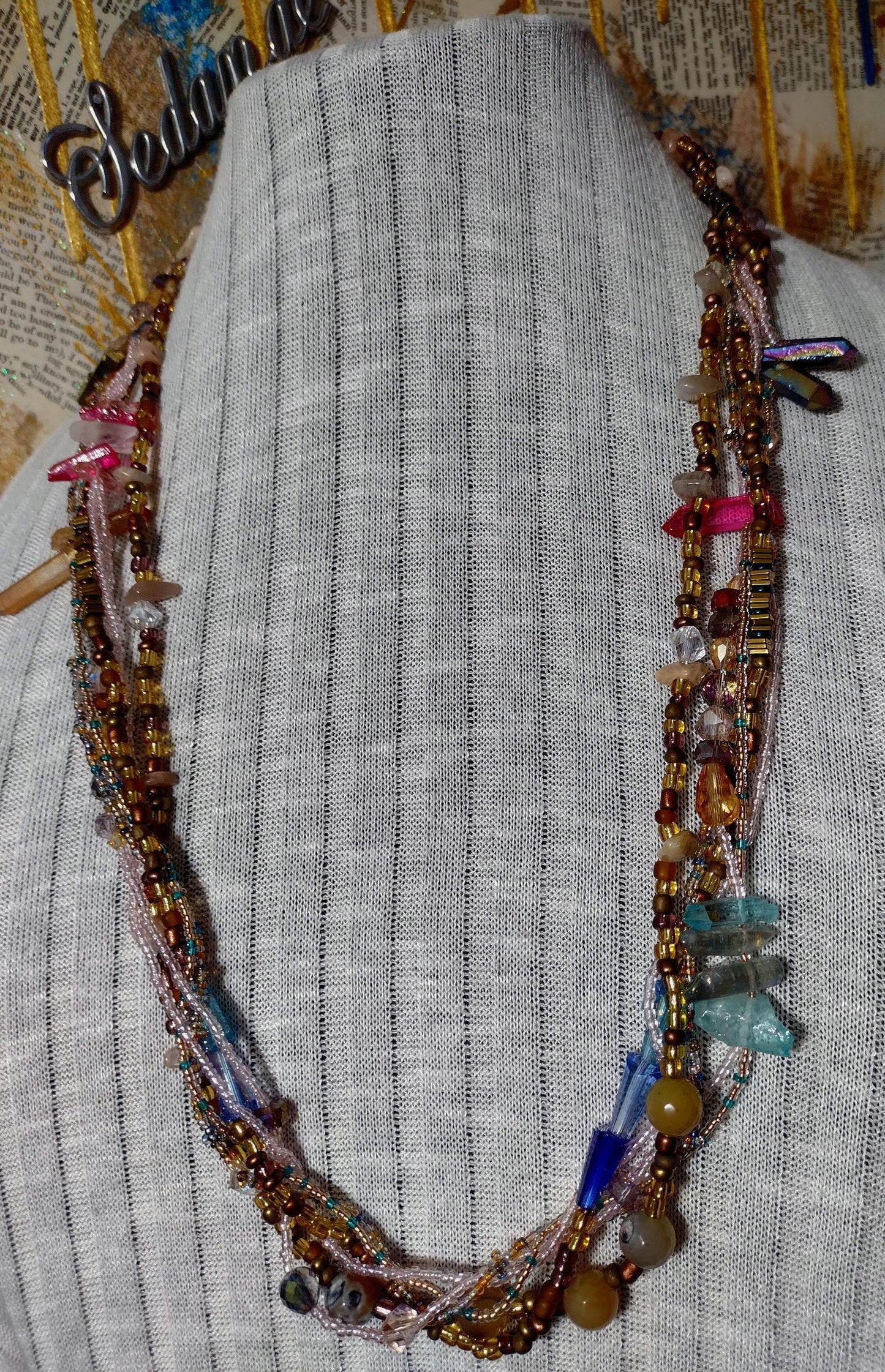 Southwest Inspired Long Beaded Necklace. Unique one-of-a-kind. A Desert Sun Rise Made of Natural Elements in Glass and Gemstones. Sterling.