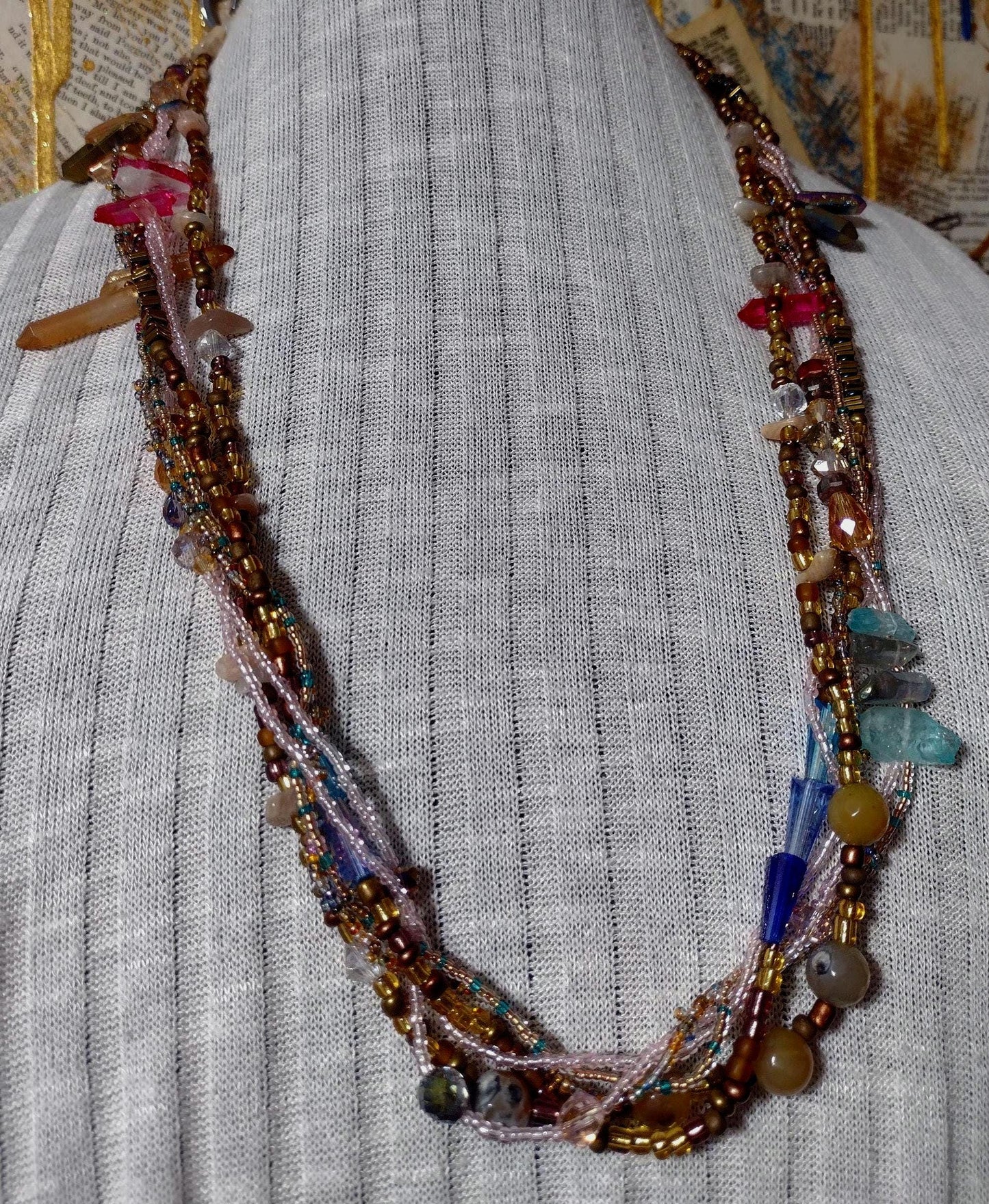 Southwest Inspired Long Beaded Necklace. Unique one-of-a-kind. A Desert Sun Rise Made of Natural Elements in Glass and Gemstones. Sterling.