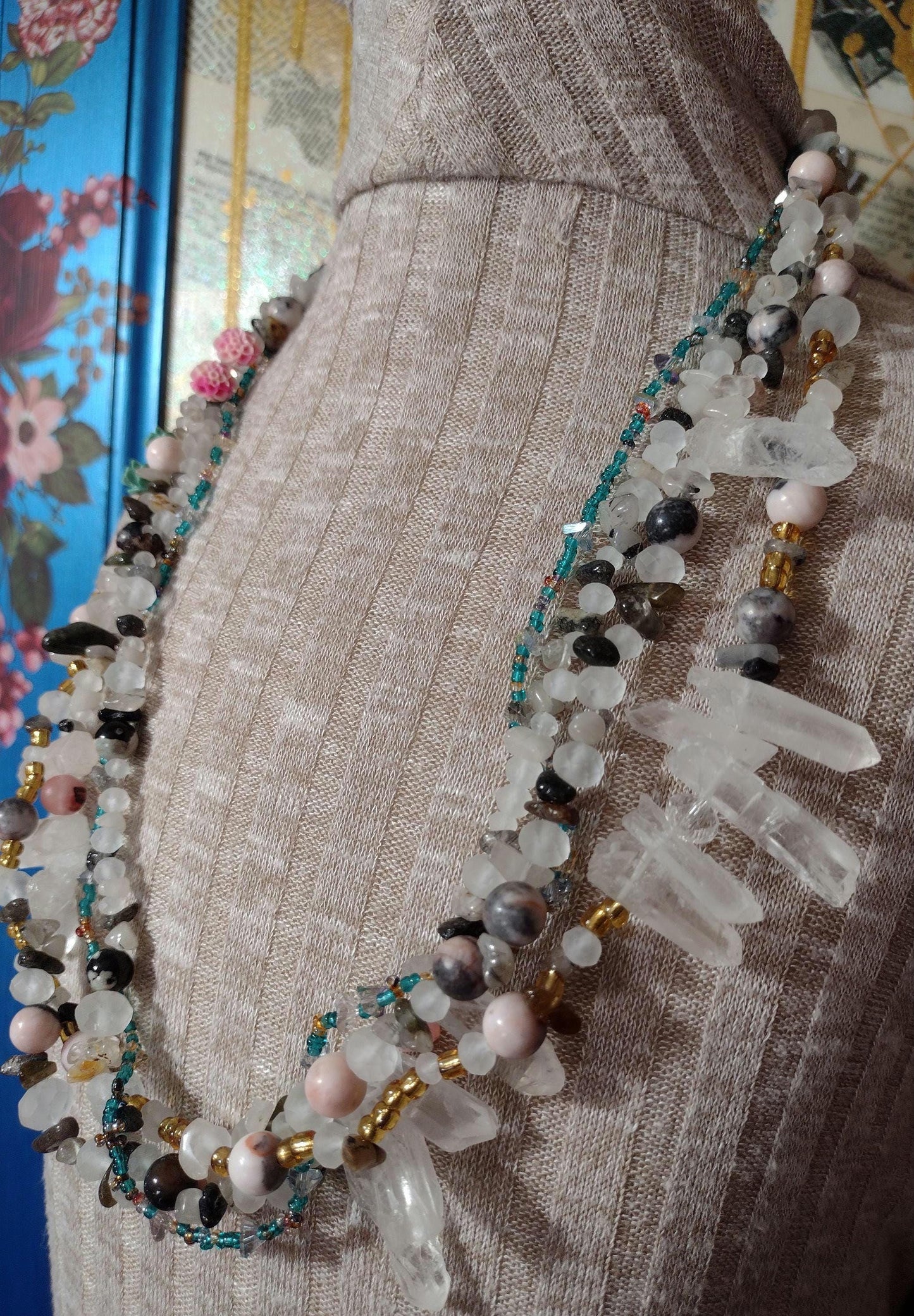 Southwest Inspired Long Beaded Necklace. Unique New Mexican Crafted Snowy Desert Vista in Natural Elements of Glass and Gemstones. Sterling.