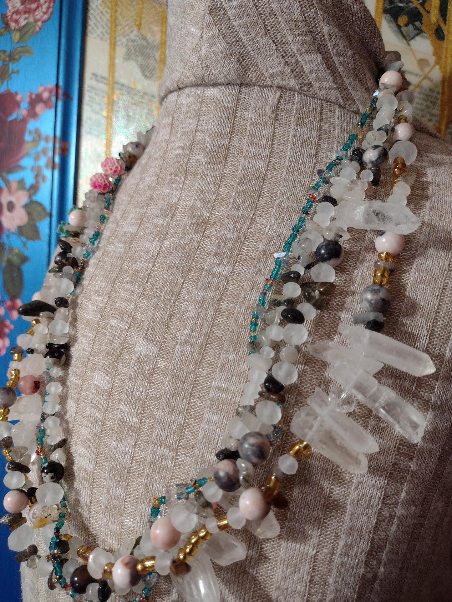 Southwest Inspired Long Beaded Necklace. Unique New Mexican Crafted Snowy Desert Vista in Natural Elements of Glass and Gemstones. Sterling.