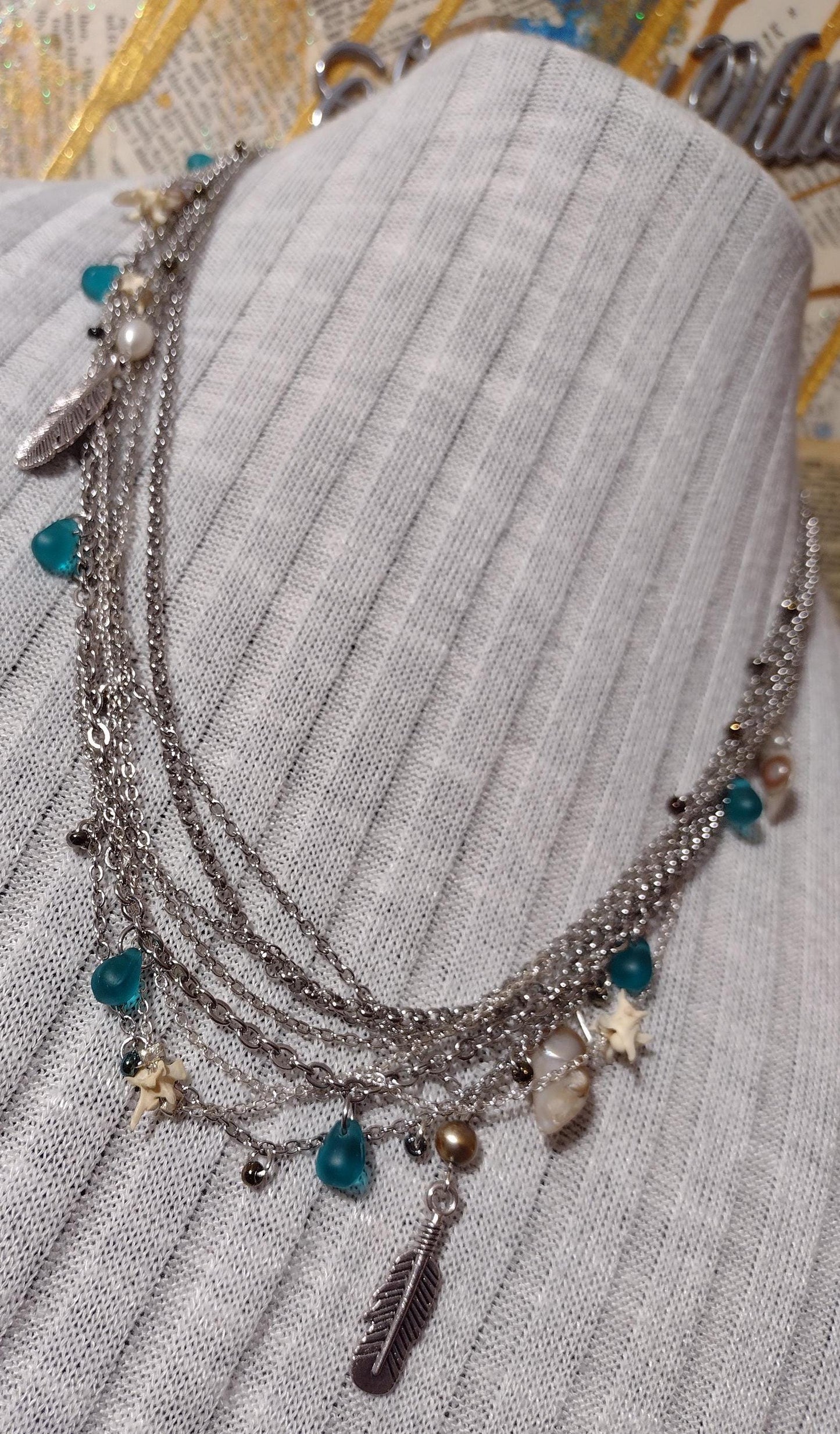 Native Southwest Stainless Steele Chain Necklace. Rattlesnake vertebrae, pearls, glass, and feathers. New Mexico Crafted. 1of1 Unique.