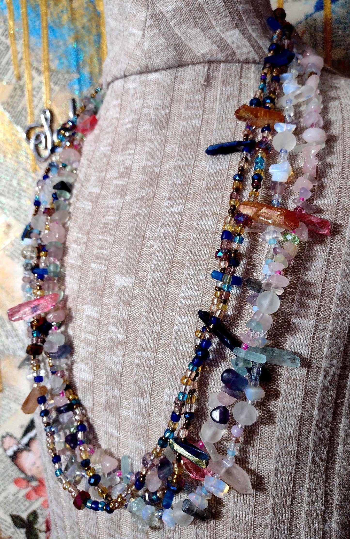 Southwest Inspired Long Beaded Necklace. A Refection of the Desert Summer in Natural Elements of Glass and Gemstones. Hand Strung Sterling.