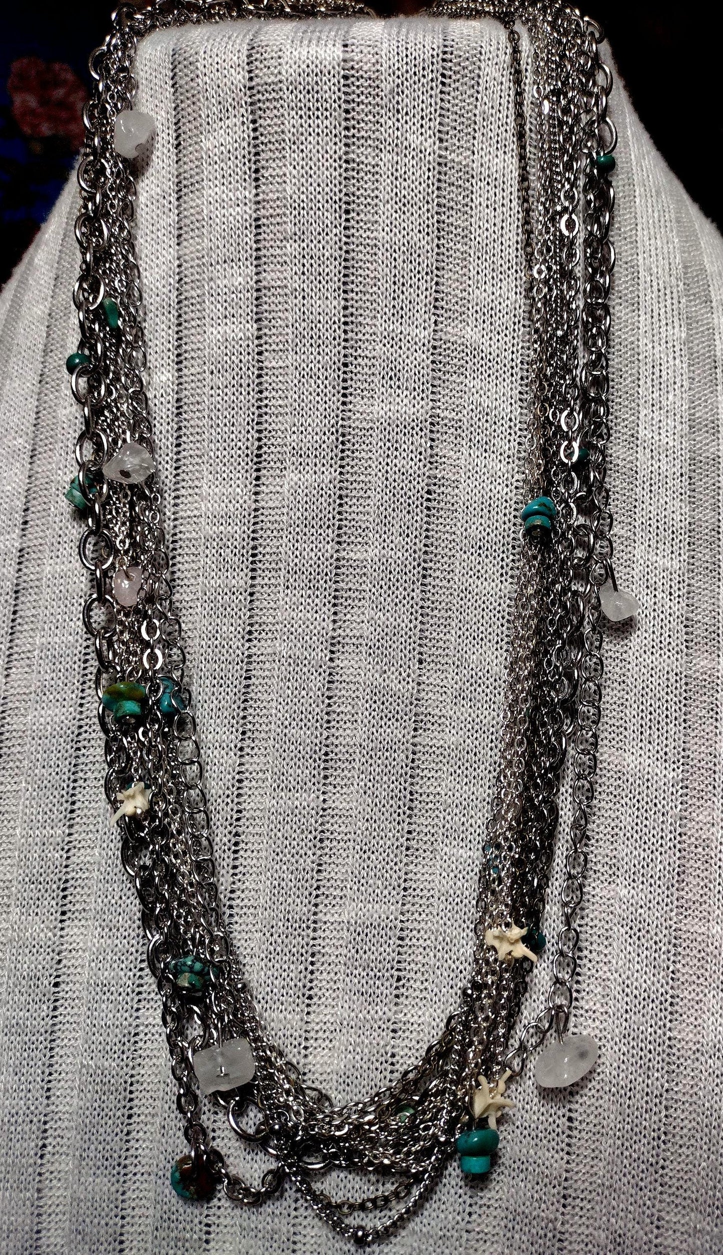 Native Southwest Stainless Steele Multi Chain Necklace. Diamond Back Rattlesnake Vertebrae, Turquoise & Stone. New Mexican Crafted. Unique.